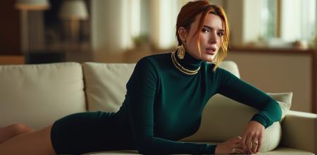 bella thorne, wearing a turtleneck shirt, sitting on a couch, photorealistic, bokeh, film grain, sharp focus, (masterpiece, best quality, ultra_detailed, highres, absurdres:1.2)