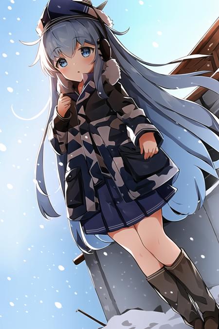 1girl, hibiki, verniy, (at full size), blue hair, long hair, blue eyes, small height, little girl, camouflage coat, ussr fleet cap, school boots, pleated skirt, winter, snowfall, blue sky, ocean, winter ocean, ussr