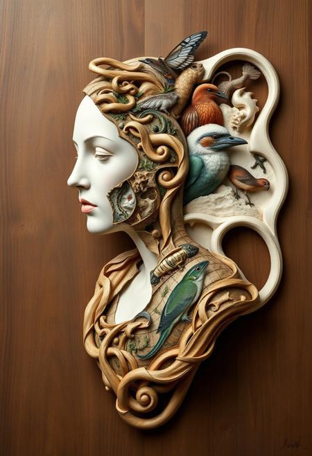 A fragmented bust of a noblewoman, naturalistic surrealism meets abstract sculptural form, detailed wildlife illustration integrated with biomorphic abstraction, fluid organic structures supporting precise animal forms, surreal ecosystems emerging from curvilinear shapes, acrylic on raw wood fused with sculptural rhythm, ecological symbolism through twisted forms, anatomical precision set within flowing, looped geometry, earthy muted palette with sculptural contrast, dreamlike nature fused with material exploration, poetic biology interacting with conceptual structure, transformation and interconnection in three-dimensional visual language, meditative surrealism with tactile abstraction
