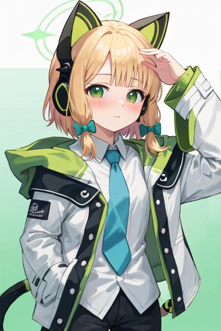 best quality, masterpiece, highres, solo, {midori_bluearchive:1.15}, headphones, animal_ears, blonde_hair, fake_animal_ears, animal_ear_headphones, green_eyes, cat_ear_headphones, bow, halo, bangs, blush, hair_bow, short_hair, 1girl, green_bow, jacket, long_sleeves, necktie, shirt, simple_background, white_jacket, white_shirt, arm_up, blue_necktie, open_clothes, open_jacket, white_background, collared_shirt, hood, hooded_jacket, tail, upper_body, chibi, hood_down, looking_at_viewer, sidelocks, sleeves_past_wrists