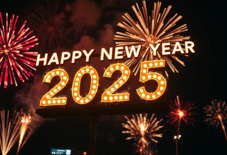 8k resolution image of sign saying "Happy New Year 2025", the letters are on fire, night dark background with fireworks