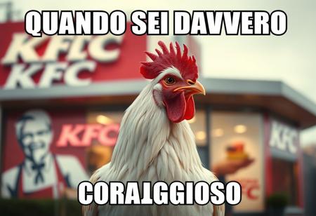 “A realistic, detailed chicken standing confidently in front of a KFC restaurant. The chicken has bright feathers, a sharp gaze, and a proud stance as if aware of its surroundings. The KFC logo is visible in the background, slightly blurred for depth. The scene is captured in a cinematic style with balanced lighting, slightly warm tones, and a shallow depth of field. Overlay bold white text with a black outline in meme style at the top: ‘QUANDO SEI DAVVERO CORAGGIOSO’.”