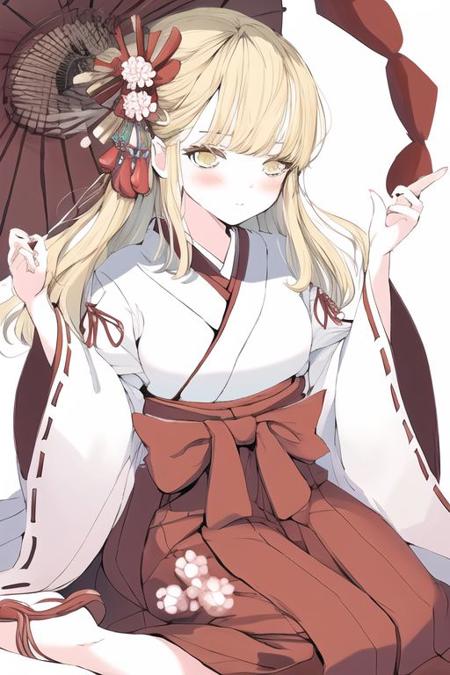 1girl, blonde hair, eyeshadow, long hair, makeup, yellow eyes ,
bow, frilled kimono, frills, hair flower, hair ornament, hakama, hakama skirt, japanese clothes, kimono, lace-trimmed sleeves, lace trim, long sleeves, miko, red bow, red hakama, red ribbon, ribbon, ribbon-trimmed sleeves, ribbon trim, short kimono, skirt, white kimono, wide sleeves ,
arm support, blush, closed mouth, hand up, looking at viewer, sitting, wariza ,
simple background, solo, white background ,
<lora:nocopyrightgirl-v1.0:0.9>