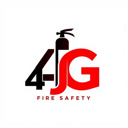 A professional and modern logo for a fire safety company named '4 JG'. The design should feature bold, strong lettering in red and black to represent fire protection and security. The background should be white for a clean look. Incorporate an icon of a fire extinguisher, flames, or a shield to emphasize safety and prevention. The overall design should be sleek, trustworthy, and visually striking