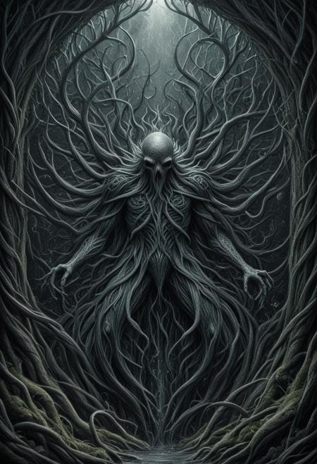 hyperrealistic, ink illustration artwork, Organic Macabre art of a cthulhu, macabre, fear, frightening, organic, masterpiece, ultra-high resolution, incredible, extremely detailed, absurdres, vibrant, dynamic angle, dynamic pose, dramatic light, highly detailed, scenery, sharp and clear visual execution, surreal yet grounded elegance, inspired by Tim Burton and H. R. Giger and Luis Royo, in a darkness magic setting, , celtic, celtic fantasy, celtic decorations and ornaments, mobe-cedeen <lora:CelticDetailEnhancerV1:0.55>, <lora:Organic_Macabre:0.85>, <lora:add-detail-xl:0.65>,