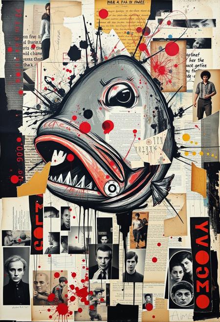 Outsider art. A surreal and deconstructed mixed-media collage in the style of Jacques Prévert with an urgent sense of chaos and energy. An analogue collage artwork blending fragmented styles, layers and textures. 
A Jean-Michel Basquiat street art illustration of a giant fish head.
Layered over this obscuring the image are multiple fragmented and overlapping layers of chaotic thick paint, splatters of paint, palette knife oil paint, handwritten scrawled text messages, torn photographs and broken distorted vintage photographs filling the canvas. 
Layers sections of repetitive brightly coloured dots in Yayoi Kusama style. Fragmented scribbles and abstract graffiti images in Jean-Michel Basquiat style over the top. This hides sections of the image below. Outlines are roughly redrawn in black ink and thick oil paint. The overall effect is manic and anarchic with an urgent sense of energy.