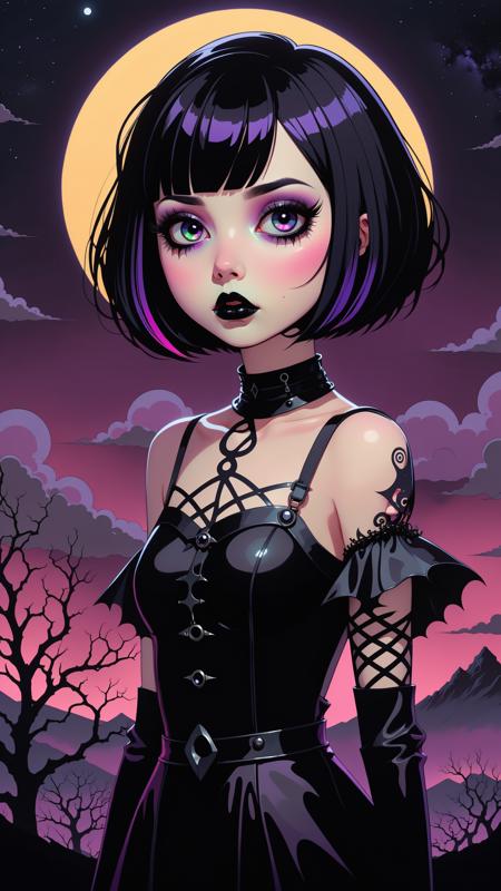 kawaii cute goth girl in a cartoon style, 1girl,solo, upper body, looking at viewer, white background, bob cut, short hair, multicolored hair, makeup, parted lips, black lips, eyeliner, gothic, goth girl, In a desolate, moonlit landscape, a lone figure emerges, their silhouette contorted and grotesque against the eerie glow, Closer inspection reveals a fusion of organic and mechanical pulsating flesh intertwining with cold, metallic structures, The figure's skin appears as if it's unraveling, revealing glimpses of something otherworldly beneath, The air is thick with an otherworldly hum, and a sickly, iridescent light emanates from the aberrant fusion, This image prompt invites exploration into the realm of body horror, prompting creative minds to unravel the unsettling narrative within this grotesque tableau