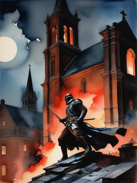<lora:09WatercolorPainting_Hap_XL:1.6>,Winslow Homer style, watercolor painting, watercolor, oil painting,watercolor oil painting, polarized, at night,  roof of ancient Church, burning city, Red Moon, dark magic, grotesque creatures, punk aesthetic, dark fantasy ,grim landscapes, vibrant Deep colorful, heroes skirmish monstrous foes in a setting where rebellion, decay, and mysticism intertwine, hyper detailed, professional poster art, bold lines, award winning, (intricate details, masterpiece, best quality), dynamic pose, UHD