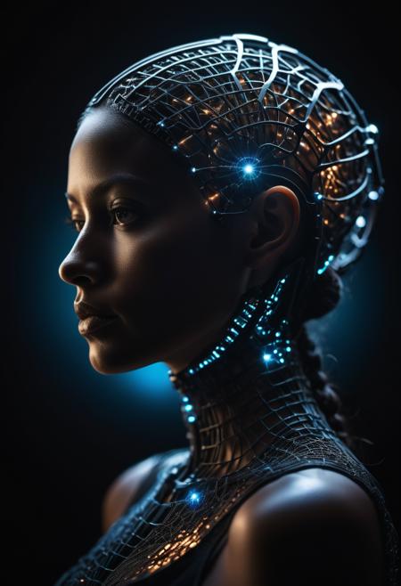 dark silhouette of a mesmerizing beautiful woman, from side, looking at viewer, natural human head, natural skin, suspended components, fiber optic neural network connected to head, confident expression, focused expression, backlight, dark theme science fiction background, sharp focus,

photorealistic, Fujifilm XT3, Ultra Realistic, High quality, Highly detailed, trending on artstation, intricate detailed background,