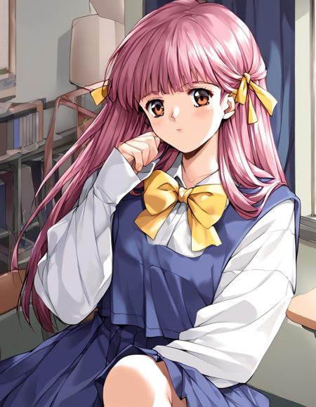 SakuragiMai, 1girl, soro, purple hair, long hair, brown eyes, bangs, Yellow ribbon, hair ribbon,