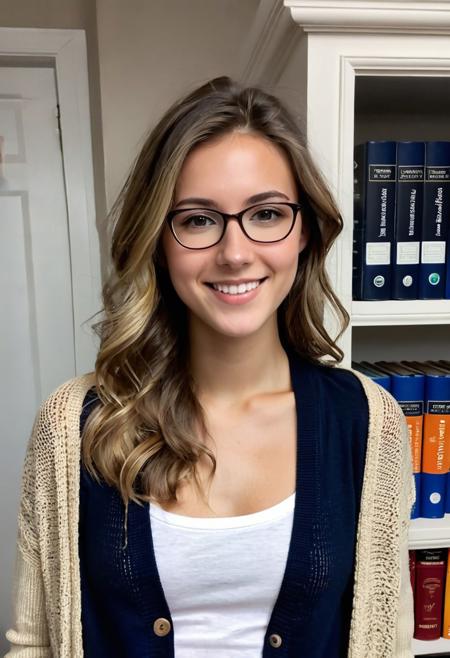 18 year old, European, woman, b cup breasts, 100 lbs, curdled hair, brown hair with blonde highlights, slight frekels, nerdy, sexy, wearing nothing but an open cardigan