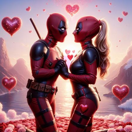 a highly detailed digital pastel painting of ((lady deadpool proposing to lady deadpool, ral-vltne style, hearts in the air, love)), sexy, cute butt, mid shot, sunlight reflecting, close-up, intricate, volumetric lighting, masterpiece, best quality