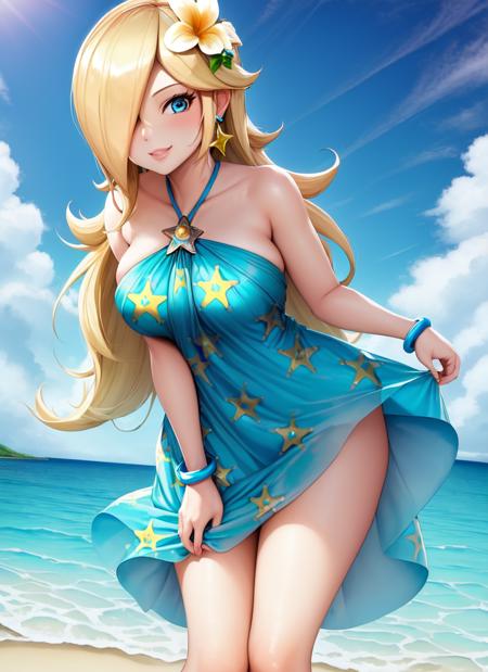 masterpiece, best quality, 1girl, solo, rosalina, swimwear, flower, halterneck, smile, leaning forward, standing, cowboy shot, beach  <lora:Rosalina (Mario):1>