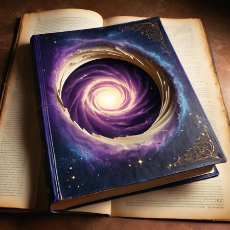 lazypos
An ancient, thick tome bound in deep cosmic blue leather lies at an angle atop several loose, aged paper sheets, set against a neutral beige background, the book's cover features an illustration of deep space filled with dense white stars, at its center is a large, irregular opening framed by jagged, dark metallic spikes, within it a swirling vortex of purple cosmic energy glows brightly, radiating mystical light, the corners of the cover are reinforced with worn, simple geometric plates, yellowed, slightly uneven pages peek from the tome's edge, faint ink splatters mark both the background and the aged sheets, illustration, cinematic angle, hyper-detailed, hyperrealistic texture, warm dramatic lighting on pages, ethereal mystical glow from central vortex, fluid swirling energy, gradients in cosmic hues, dynamic composition, organic feel of aged paper, sparkles within the nebula, film grain, light dust, vintage effect, light particles emanating from the portal, fantasy genre, vintage artifact aesthetic, magical aura