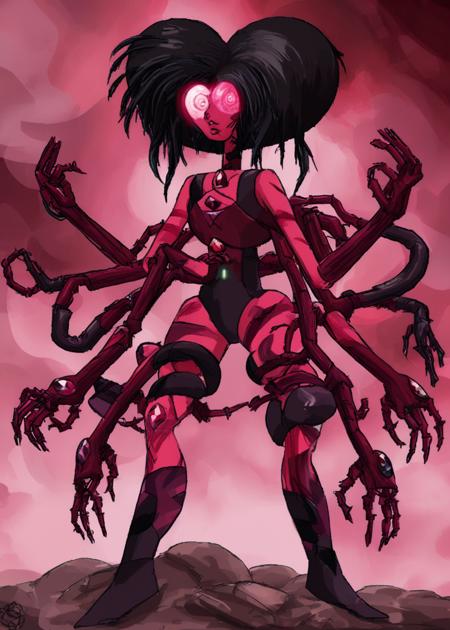 stylized by luis royo, jim lee and boris vallejo, Cyberpunk a fusion between spinel and rutile, named Rhodolite, a cartoon of a woman in a black and red outfit, composed of random limbs, 8ft tall, sigma male, maroon mist, pose, friend, flat!!, martian, 4 arms, herrarthstone, twisting, puppet, dark red color, mineral, atom, 2.5d, twisting body, many twisting arms, two stomach gems, chest gem, many eyes, fusion two heads extra heads heart eight arms arms so so many arms, with many arms and legs
<lora:gem2asd-000050:1>