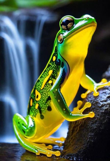 macro photo, a beautiful translucent glass dragon frog that glows within, glowing lights, beautiful waterfall , made out of multicolored transparent delicate glass, magical sparkles,vibrant whimsical colors <lora:ral-beer:1> made of ral-beer