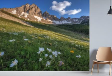 World's most beautiful rocky mountains during spring, 
fresh greenery on craggy cliffs, 
melting snow caps against a clear blue sky, 
scattered wildflowers in the foreground, 
location in unknown mountain range, 
morning sun casting long shadows, 
composition with leading lines directing to the majestic peaks, 
HDR photography, 
ultra-realistic, 
vivid colors, 
golden ratio.