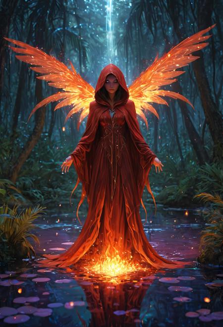 In the mystical realm of Aethoria, a lone woman with sapphire eyes and flaxen hair stands resolute beside a shimmering fairy pond, its crystalline waters reflecting the vibrant hues of a tropical sunset amidst the blurred greenery of an ancient, sentient forest, where iridescent palm trees stretch towards a sky ablaze with celestial bodies of sapphire and amethyst, as the soft focus background is punctuated by the delicate, ethereal glow of luminescent flora and the whisper of magic that rustles the leaves of the crystal forest, her flowing, hooded cloak a deep, fiery red that seems almost aflame in the fading light, its folds billowing behind her like a dark, avian wingspan, her slender fingers relaxed, yet her gaze burning with an inner intensity that hints at the presence of a power that lies just beyond the veil of the mundane.