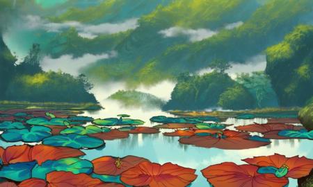 <lora:rog_mountain:1>rog_mountain, scenery. water, cloud sky,forest, few lily pad