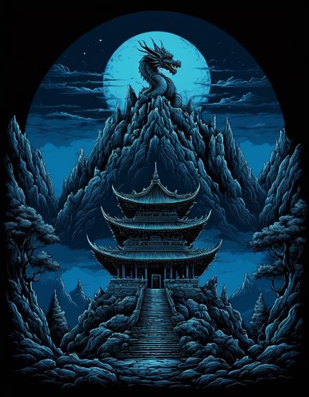 metal_tee, a temple with a dragon head on top of it. The temple is surrounded by a dark blue sky and a mountain range. The dragon head is surrounded with a blue glow, adding a mystical and otherworldly atmosphere to the scene. The temple is surrounded on all sides by a forest, vector digital illustration, (black background:1.5) <lora:metal_tee_sdxl:1>