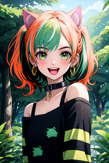 Niji Slime, 1girl, :d, animal ears, animal print, bare shoulders, blush, cat ears, choker, collar, earrings, forest, green eyes, green hair, jewelry, long hair, looking at viewer, multicolored hair, nature, off shoulder, off-shoulder shirt, open mouth, orange hair, outdoors, shirt, smile, solo, streaked hair, teeth, tree, twintails, upper body<lora:NijiSlimeV2:0.8>