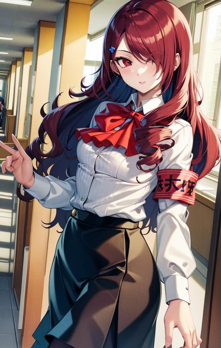 <lora:MitsuruKirijoPersona4:1> highres, detailed, soft lighting, indoors, hallway, gekkoukan high school uniform, white button up shirt, pleated skirt, chest bow, red armband, mitsuru kirijo [persona], 1girl