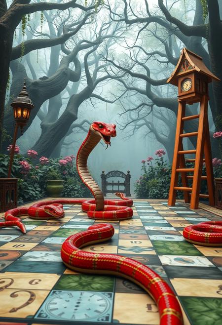 realistic, high resolution, digital image of a snakes and ladders game with real snakes and ladders played on a huge board in a magical Alice in Wonderland setting
