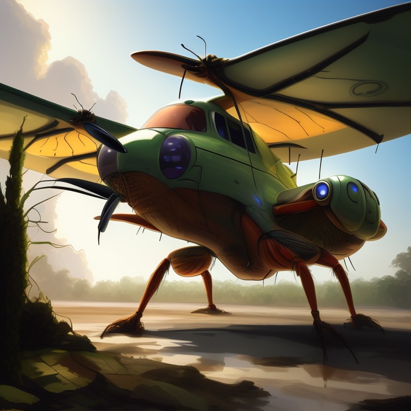 a digital drawing of a plane with insect wings, high quality