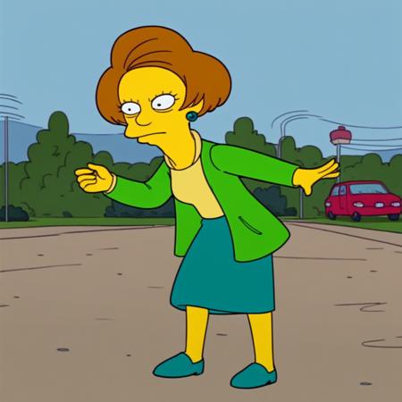 Edna_Krabappel, brown hair, short hait, yellow skin, earrings, jacket, skirt