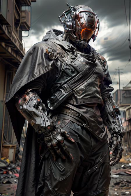 (night time:1.3), (post-apocalypse:1.5), portrait,  dark theme, dark clouds,  thunder and lightning, realistic, complex 3d render ultra detailed, mecha, cyborg flying in the sky, best quality, masterpiece, ultra high res, cowboy shot, (photorealistic:1.4), raw photo, official art, absurdres, vague, Atmospheric, evil, tank, dynamic angle,. ((Armed with both hands)), red glowing, cyberhelmet, tech lights on the body, Majestic pose, mechanical arms, science fiction, no humans, cyberpunk feeling, (Wearing a tattered cloak),   smoke of gunpowder, war, neon lights, RAW photo, 8k uhd, dslr, daylight, high quality, film grain, Fujifilm XT3   <lora:epi_noiseoffset2:0.5> <lora:Niji:0.7> <lora:cyberhelmetv0.7:0.7>