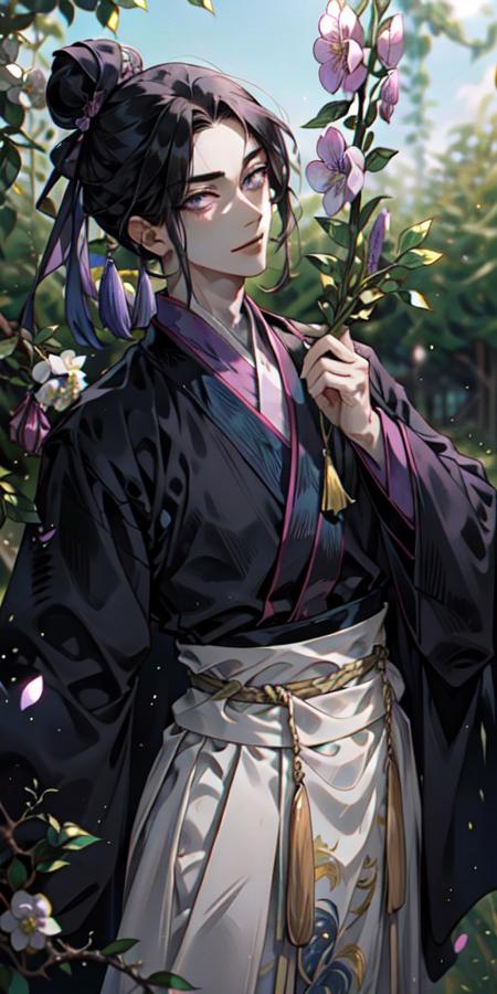 jiang cheng, blue eyes, top bun, separted bangs, purple male hanfu,