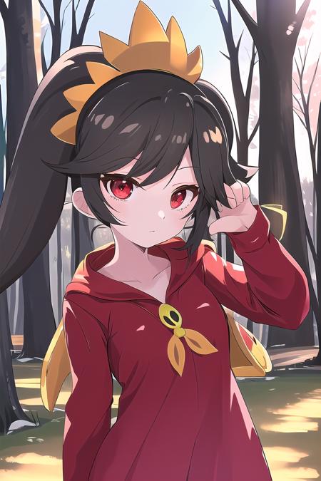 1girl, solo, ashley_warioware, red eyes, red jacket, expressionless, closed mouth, forest, <lora:AshleyWarioware:1>