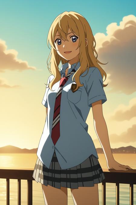 miyazono kaori, blonde hair, long hair, hair between eyes, blue eyes, school uniform, long sleeves, blazer, grey jacket, blue shirt, collared shirt, red necktie, striped necktie, untucked shirt, grey skirt, plaid skirt, pleated skirt, black kneehighs, loafers