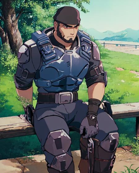 (best quality, masterpiece) marcus_fenix, black bandana, sitting on fence <lora:Marcus_Fenix-15:0.67> <lora:ghibli_style_offset:1>