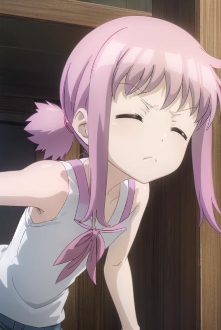 nanaki moriyama, medium hair, (closed eyes:1.5), pink hair, shirt, ribbon, short sleeves,