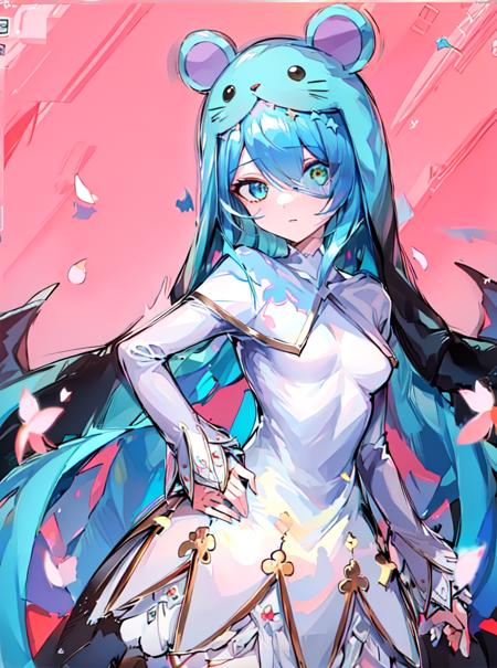 Sistermon Ciel,1girl,solo,blue hair,long hair,dress,very long hair,white dress,one eye covered,long sleeves,small breasts,STANCE,cherry blossoms,star \(sky\),hands on hips,<lora:ï¼äººç© ä¿®å¥³å½å¤©èï¼Sistermon Ciel:1>,, (masterpiece), (best quality), HDR, intricate detail,