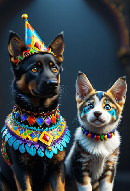 In this vibrant and dramatic portrait, a charming kitten and a German shepherd are cleverly combined, both showcasing intricate and whimsical decorations. The kitten sports a captivating face paint in bold colors such as white, black, blue, and purple, with geometric patterns and sharp angles, while the German shepherd dons a decorative collar that harmoniously complements the kitten's vivid aesthetic. Both animals wear contrasting pointed hats, reminiscent of jesters or harlequins, heightening the sense of artistry and playfulness. A dark background accentuates the bright colors and intricate details, creating a fantastical and immersive scene. This detailed matte painting, with deep color and intricate detailing, is perfect for a splash screen and showcases the fantasy concept art style. At 8k resolution, this captivating image is sure to trend on Artstation and the Unreal Engine 5 platform.