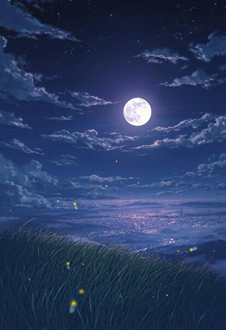 Anime night scene from a grassy hill, slow drifting clouds parting to reveal a glowing full moon, faint flickering stars begin to shimmer, fireflies floating softly near the ground, distant city lights twinkling far below, soft purple-blues and silver light, deeply emotional, ultra-detailed.
Inspired by: The Place Promised in Our Early Days