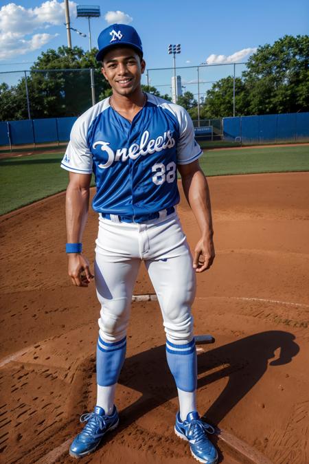 outdoors, ((baseball field)), standing next to dugout, SeanXavier, baseballplayer, baseball uniform, blue jersey, jersey number 6, white pants, blue socks, sneakers, baseball cap, smiling, masterpiece, (((full body portrait))), full body shot, wide angle  <lora:SeanXavier-000005:0.8>   <lora:Clothing - Sexy Baseball Player:0.7>