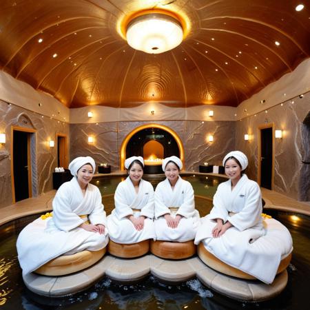 a luxury spa built inside a mountain of buns, floors made of steamed sponge layers, hot springs bubbling with syrup, guests wrapped in sugar-fabric robes, walls adorned with caramel drizzle patterns, ceiling domed like a golden crust, Buns