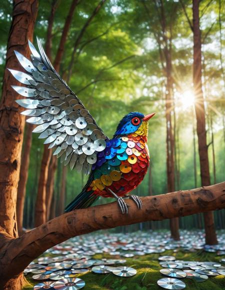 A bird in a forest made of cd's  <lora:CDs_SDXL:1>