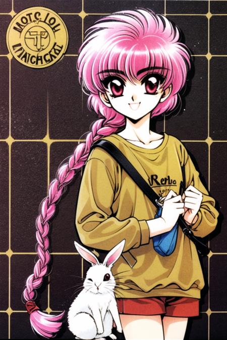 clamp,Magic Knight Rayearth,1girl, braid, pink hair, single braid, bag, retro artstyle, rabbit, smile, solo, pink eyes, 1990s (style), red eyes, <lora:Magic knight Rayearth:0.8>