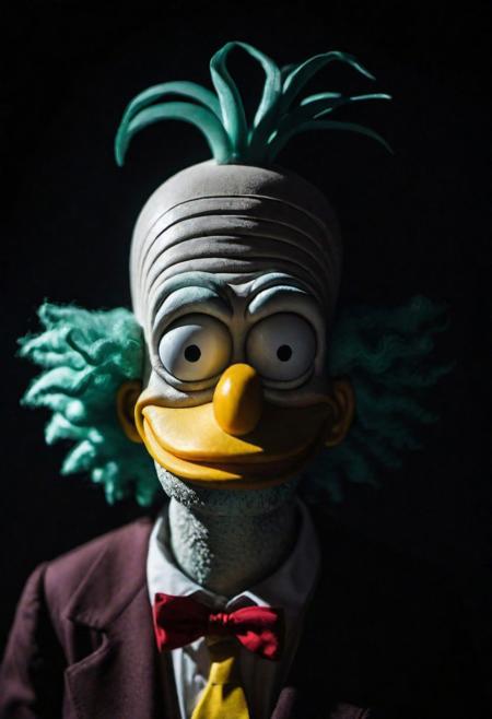 Close-up, (krusty ), grim smile, relaxed pose, portrait movie shot, serious, menacing, chiaroscuro style photo, dark background, minimalism, dramatic lighting, professional quality, dull highlights and shadows, natural and   original, laser eyes