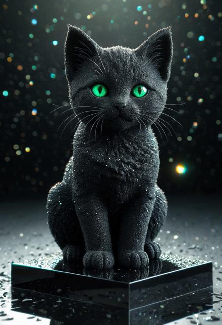 ObsidianSand, adorable kitten sculpted from polished obsidian volcanic glass, fur shimmering with subtle rainbow reflections, bright emerald eyes glowing with curiosity, delicate obsidian whiskers, sitting gracefully on a reflective obsidian pedestal, soft starlight illuminating the scene, magical atmosphere, ultra-detailed, photorealistic, masterpiece digital art