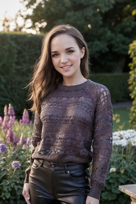 headshot of S761_KristyBlack,an attractive woman,in a (garden),wearing a (summer sweater),(smiling),(sunset),(RAW photo, best quality, 50mm, depth of field, ultra high res, intricate, photorealistic, cinematic-shot, masterpiece, ultra-detailed),