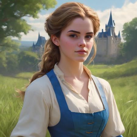 headshot of beautiful emmawats0n as Belle  a white long sleeve shirt with blue apron, in a grassy field with a  castle in the background, fantasy, highly detailed, digital painting, artstation, concept art, sharp focus, illustration, art by artgerm,  <lora:offset_0.2:0.3> <lora:emmawats0n:1>