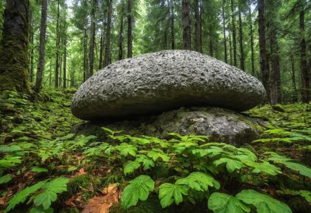 epic view very realistic photography, wide angle, a big rock in the foreground, mushrooms on this big rock, rock covered in green leaves, forest background, full frame sensor sharp and realistic colors with exceptional clarity