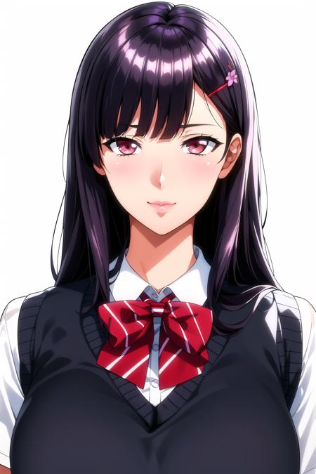 Simple White Background,
school_uniform,red bowtie,white shirt,Blue sweater vest,pleated_skirt,
<lora:Natsuha_Shinomiya_Ajisai-KK77-V2:0.7>,flower hair clip, hair flower, hair ornament, 
Red eyes,bangs, black_hair, long_hair,
<lora:Oda_Non_Style-KK77-V2:0.3>,<lora:more_details:0.1>,
1 girl, 20yo,Young female,Beautiful Finger,Beautiful long legs,Beautiful body,
Beautiful Nose,Beautiful character design, perfect eyes, perfect face,expressive eyes,perfect balance,
looking at viewer,(Focus on her face),closed mouth, (innocent_big_eyes:1.0),(Light_Smile:0.3),
official art,extremely detailed CG unity 8k wallpaper, perfect lighting,Colorful, Bright_Front_face_Lighting,White skin,
(masterpiece:1.0),(best_quality:1.0), ultra high res,4K,ultra-detailed,
photography, 8K, HDR, highres, absurdres:1.2, Kodak portra 400, film grain, blurry background, bokeh:1.2, lens flare, (vibrant_color:1.2),professional photograph,
(Beautiful,large_Breasts:1.4), (beautiful_face:1.5),(narrow_waist),