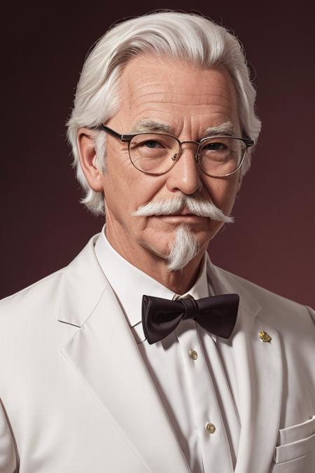 1man, solo, portrait of muscular colsanders wear white suit, western  bow tie, colonel colonel sanders, glasses, handsome, white hair mustache beard,  <lora:ARWColSanders:1>