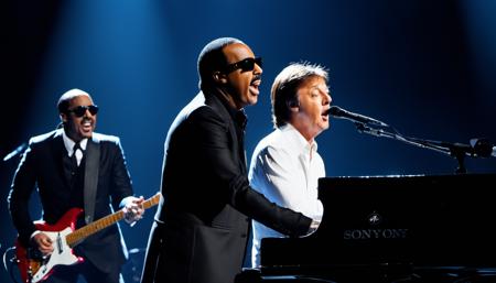 Paul McCartney and Stevie Wonder on stage, passionately singing "Ebony and Ivory." Medium: Photo hyper-realism. Style: A fusion of classic rock photography and soulful R&B imagery, reminiscent of the works of Annie Leibovitz and Gordon Parks. Lighting: Dramatic stage lighting with a focus on the artists, casting soft shadows on their faces. Colors: A rich palette of blacks, whites, and grays to symbolize the song's message, accented by the vibrant colors of the stage lights. Composition: Captured with a Sony Alpha a9 II, using a FE 24-70mm f/2.8 GM lens, Resolution 24.2 megapixels, ISO sensitivity: 204,800, Shutter speed 1/8000 second. The shot should be a close-up, capturing the emotional intensity in their eyes. --ar 16:9 --v 5.1 --style raw --q 2 --s 750